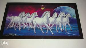 Seven White Horses Illustration On Black Wooden Frame
