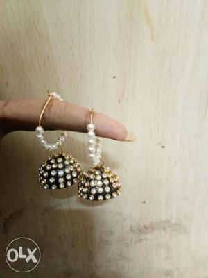 White Pearl And Diamond Embellished Jhumka Earrings