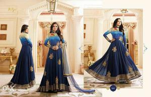 Women's Blue And Gold-colored Floral Long-sleeve Anarkali