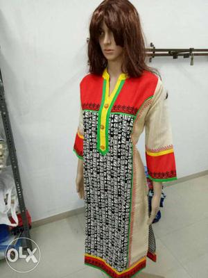 Women's Red, Black, And Beige 3/4 Sleeve Traditional Dress