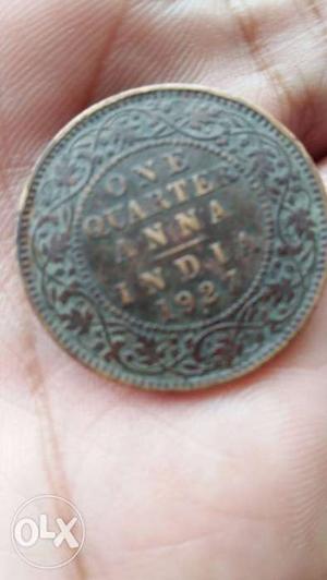 90 year old - Round Bronze One Quarter Anna Indian Coin