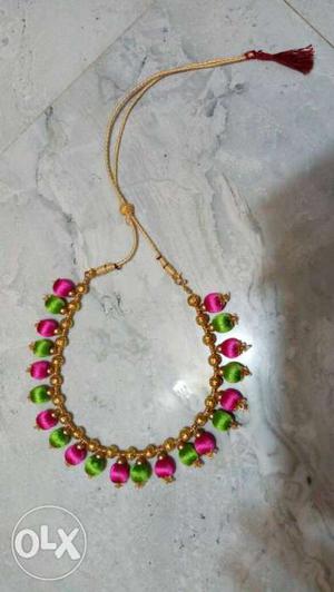Green And Pink Silk-thread Necklace, bangles& earings