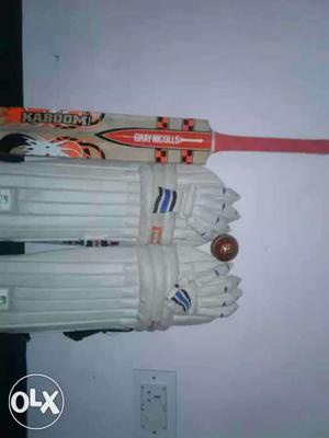 Pair Of White Batting Pads And Brown Cricket Bat