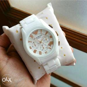 Round White Chronograph Watch With White Link