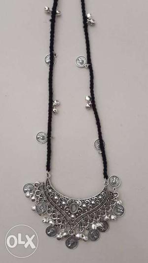 Silver Pendant Black String Necklace