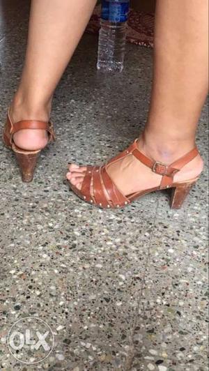 Women's Pair Of Brown Peep Toe Heels