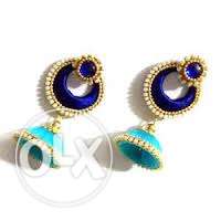 Women's Pair Of Teal-and-blue Silk Thread Jhumkas