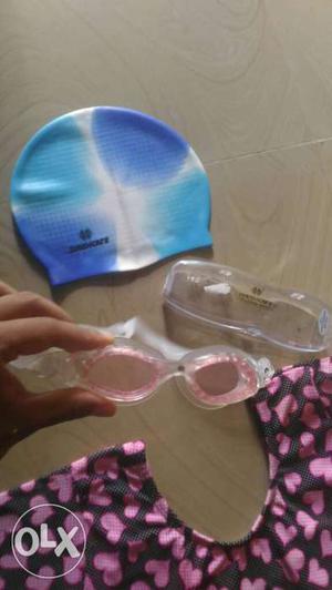 Clear And Pink Swimming Goggles With Case And Blue And White