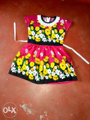 Toddler Girl's Pink, Yellow, And White Cap-sleeved Dress