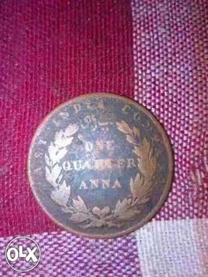 Round Copper 1 Quarter Anna Coin