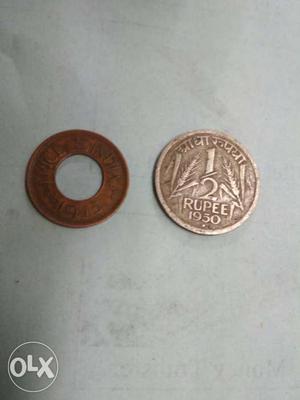 Round Silver Half Rupee Coin; Round Bronze Paise Coin