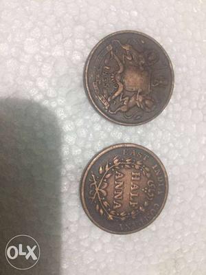 Two Round Copper Half Anna Coins