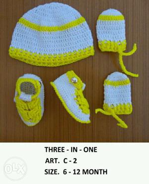 Baby's Knitted White-and-yellow Hat, Shoes, And Mittens