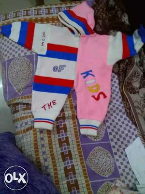 Baby's Pink, White, Red And Blue Footies