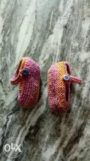 Baby's Purple-and-orange Knitted Booties