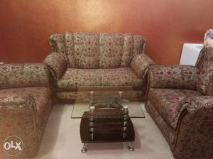 Five seated Brown And Red Floral Fabric Sofa Set