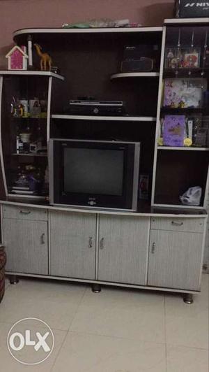 Gray Wooden TV Hutch; CRT Television