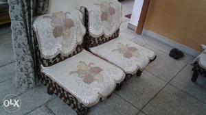 Two Brown-beige-red Floral Fabric Sofa Chairs