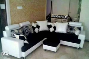 White And Black Suede Corner Sofa Set