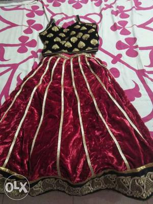 Black And Gold-colored Crop Top With Red Velvet Skirt Set