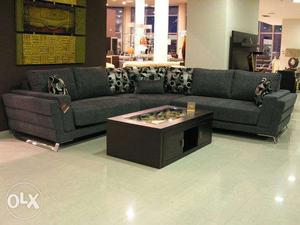 Black Velvet Sectional Sofa And Rectangular Brown Wooden