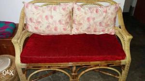 Brown And Red Wicker Framed Fabric Padded Sofa