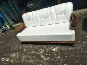Brown Wooden Framed White Leather Top Couch