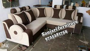 White And Brown Velvet Cushioned Sectional Sofa With Throw