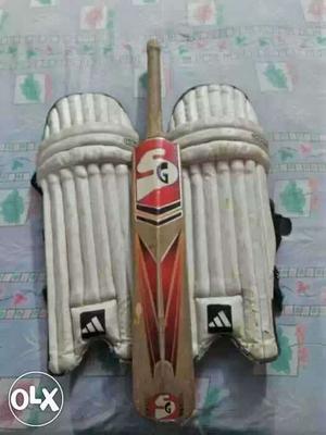 Brown And Red SG Cricket Bat And White Shinguard and one