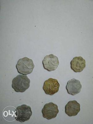 Nine Silver 2 Indian Paise Coins