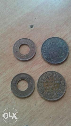 Two 1 Indian Pice And Two One Quarter Anna Coins