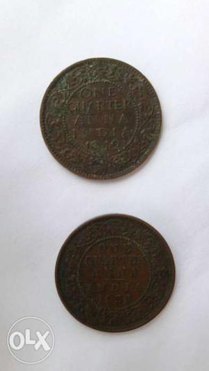 Two Bronze One Quarter Anna Indian Coin