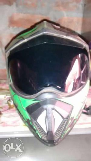 White Green And Black Motocross Helmet