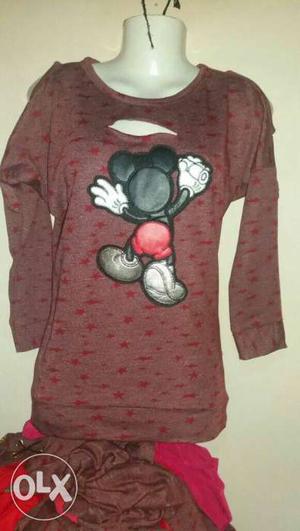 Brown And Red Mickie Mouse Printed Long Sleeve Shirt