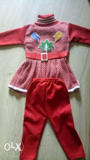 Girl's Red And White Turtleneck Dress And Pants Set