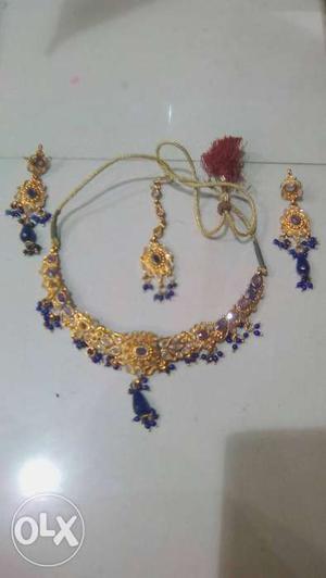 Gold And Blue Beaded Necklace And Earrings