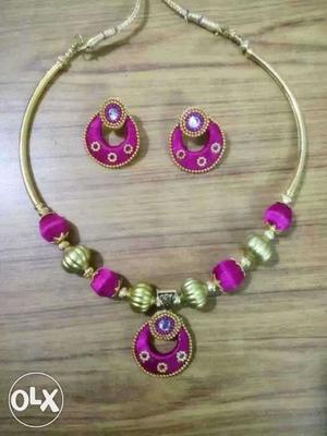 Gold Beaded Necklace With Pair Of Purple Earrings