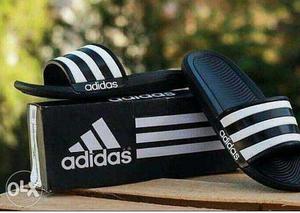 Pair Of Black-and-white Adidas Slide Sandals With Box