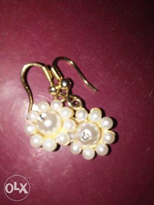 Pair Of White And Gold Beaded Earrings