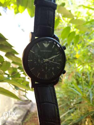 Round Black Armani Chronograph Watch With Leather Strap