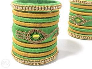 Silk Thread Bangles - Green and Gold (18 Bangles)