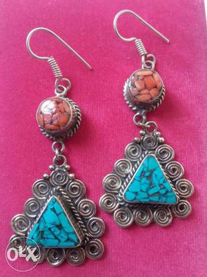 Two Teal Polished Stone Embellished Silver Hook Drop