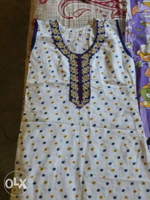 White And Yellow with blue boarder Floral Sleeveless kurti