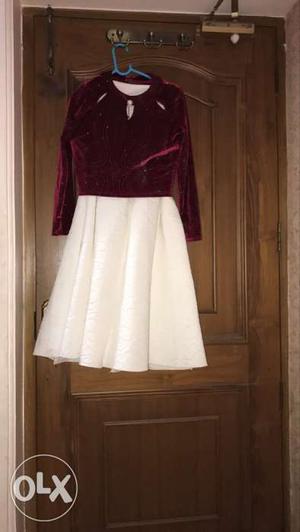Women's Maroon And White Long-sleeved Dress