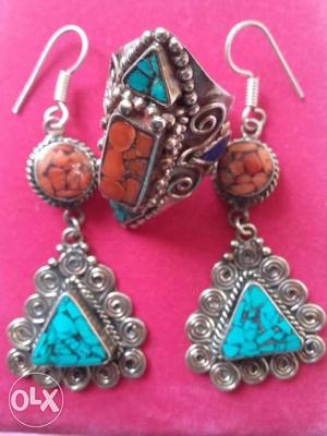 Women's Pair Of Silver-and-teal Earrings
