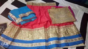 Women's Pink And Blue Satin Traditional Dress