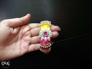 Yellow, Pink And White Silk Thread Bangles