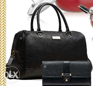 2-piece Black Leather Tote Bag And Wallet Set