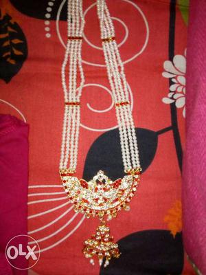 Beaded White And Diamond Embellished Long Necklace