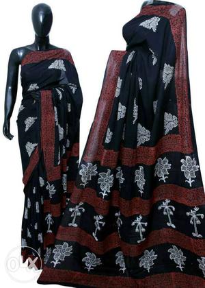 Black, Brown And White Floral Sari